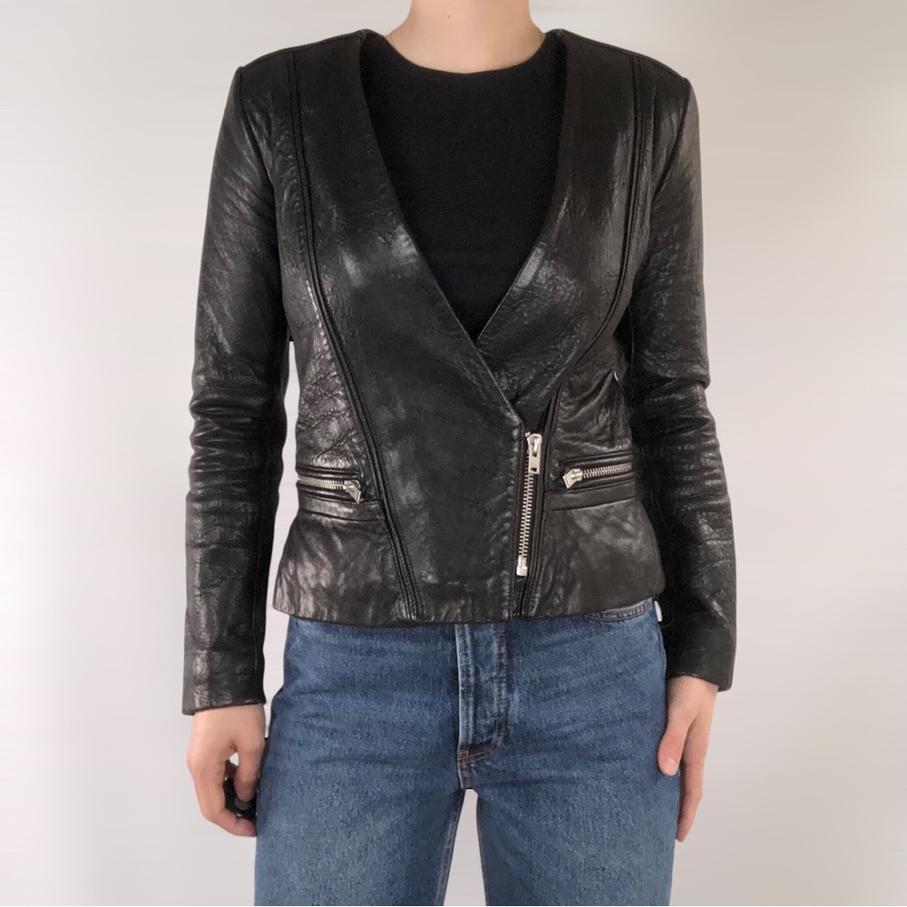 IRO Black Leather Asymmetric Zip Jacket